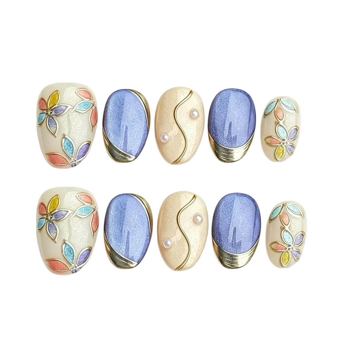 Periwinkle and ivory press-on nails with pastel mosaic leaves, gold curves and pearls