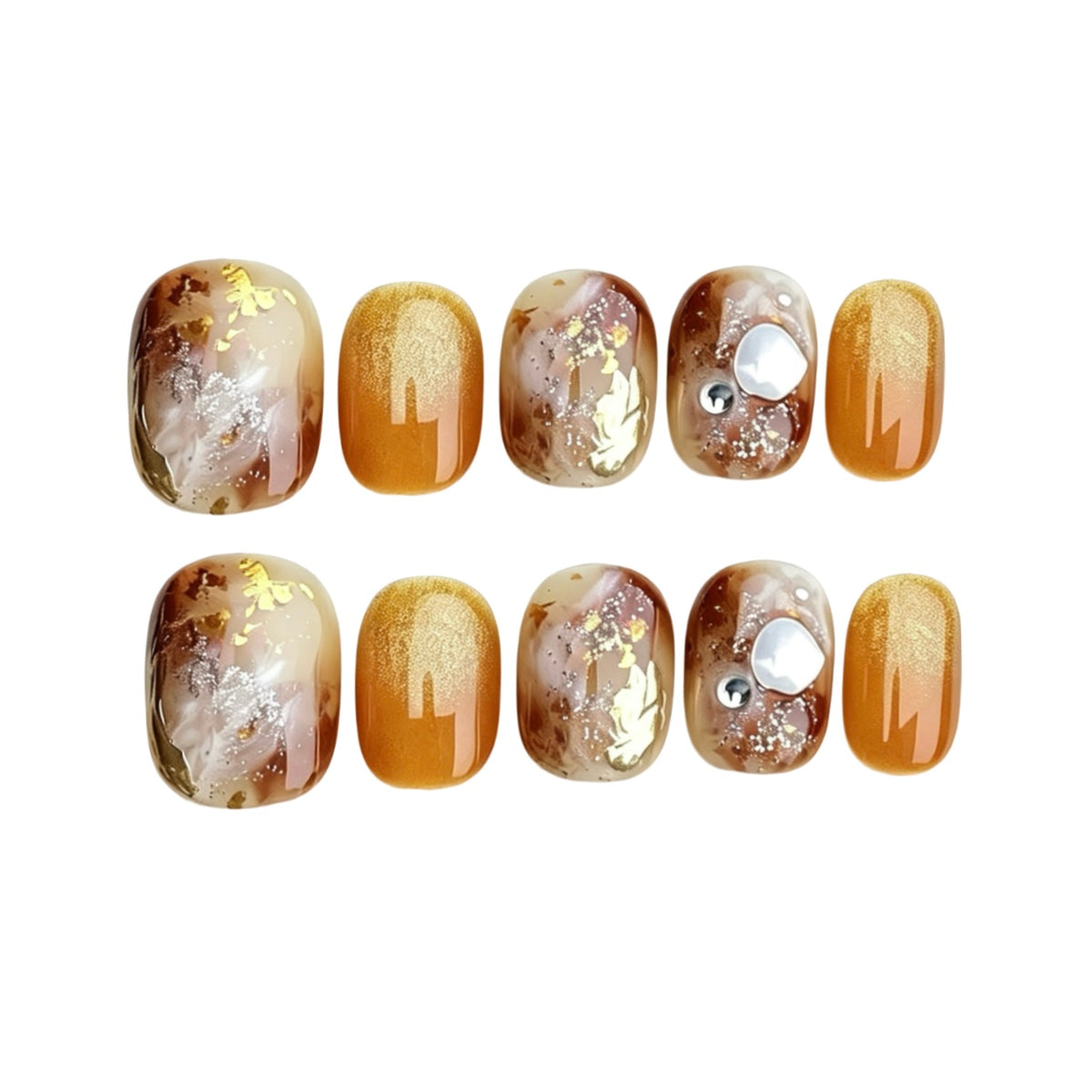 Amber and cream marble press-on nails with gold foil and pearl details