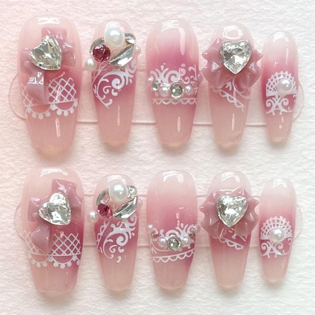 Pink & White Nails Design With Rhinestones Press on Nails Pink and