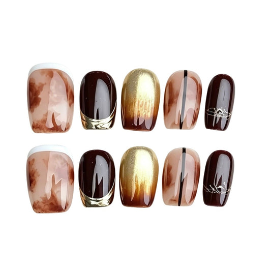 Burgundy and warm brown marble press-on nails with gold accents