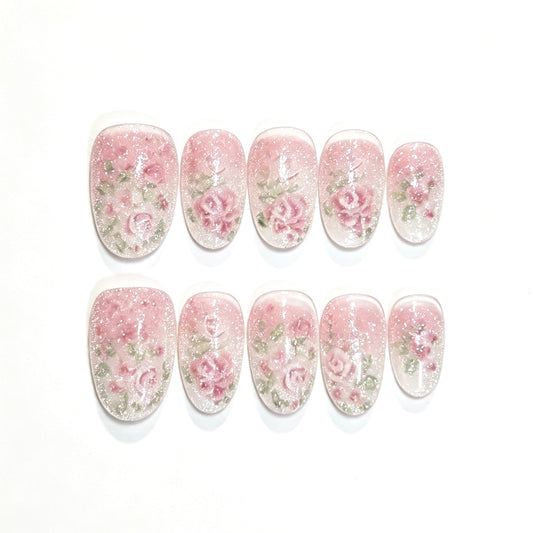 Frosted Rosette | Pink Rose Glitter Press-On Nails