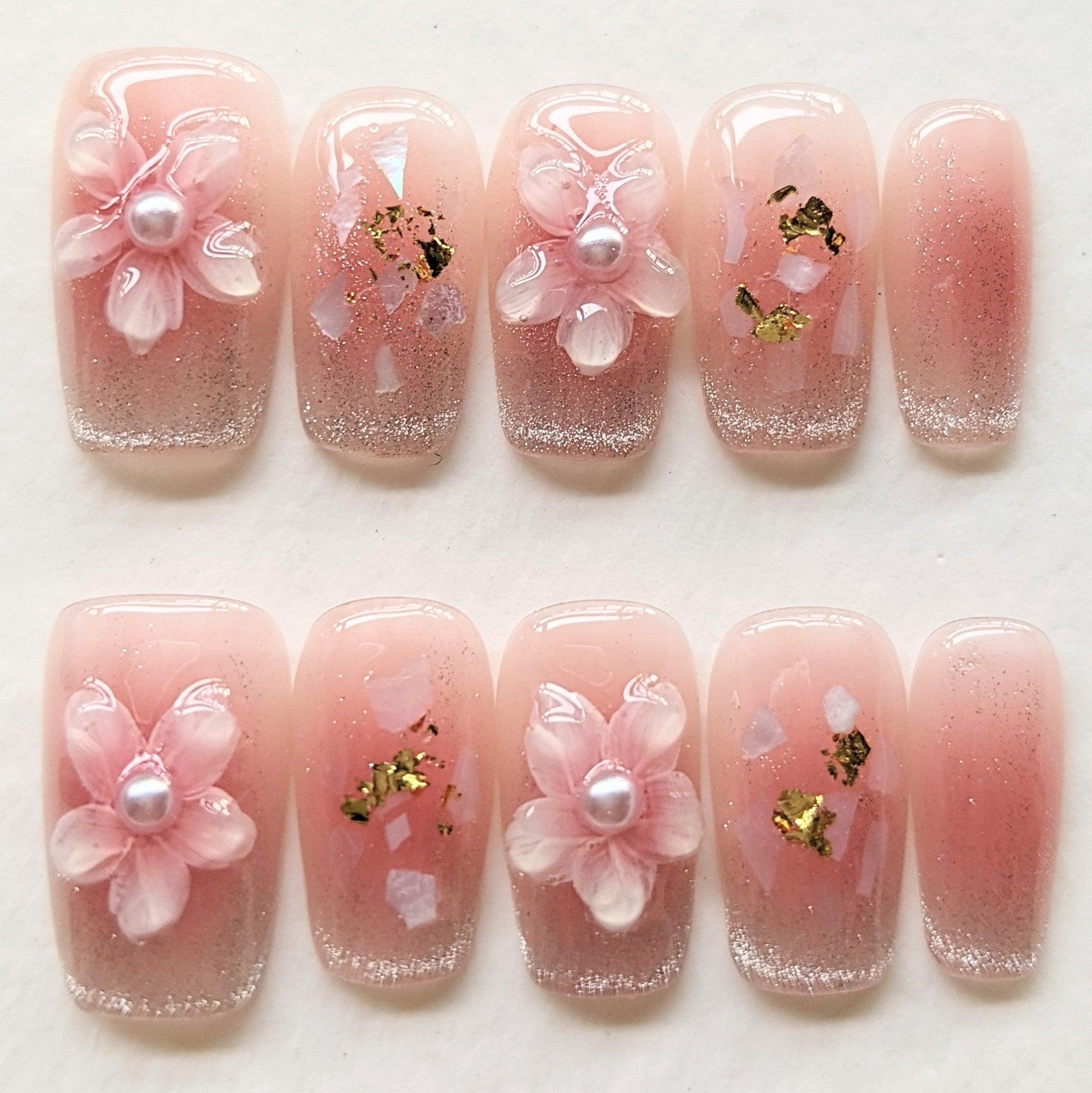 a manicure with pink flowers and glitter on nails – hanakoko