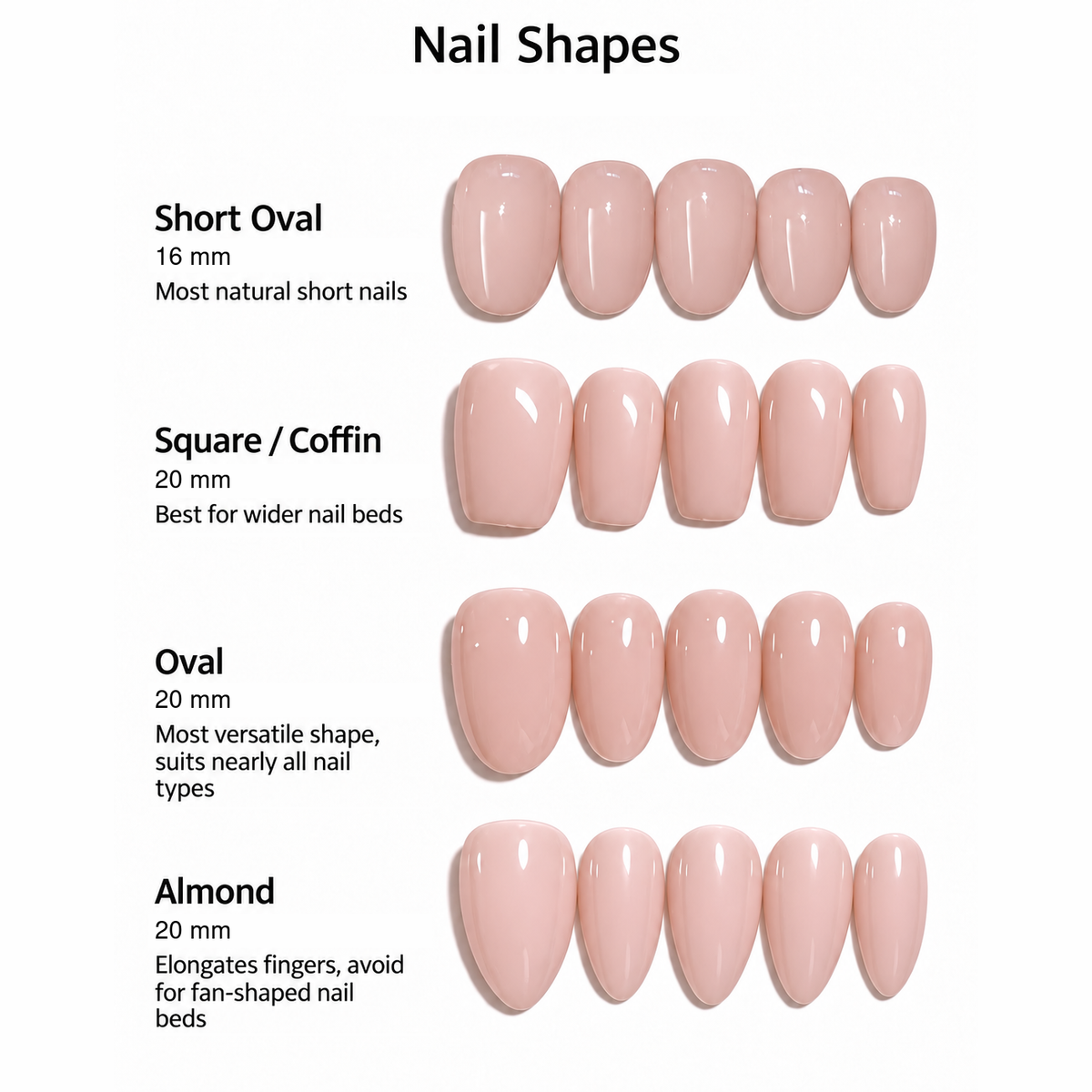 Blush nail shapes: Short Oval 16 mm; Square/Coffin, Oval and Almond 20 mm.