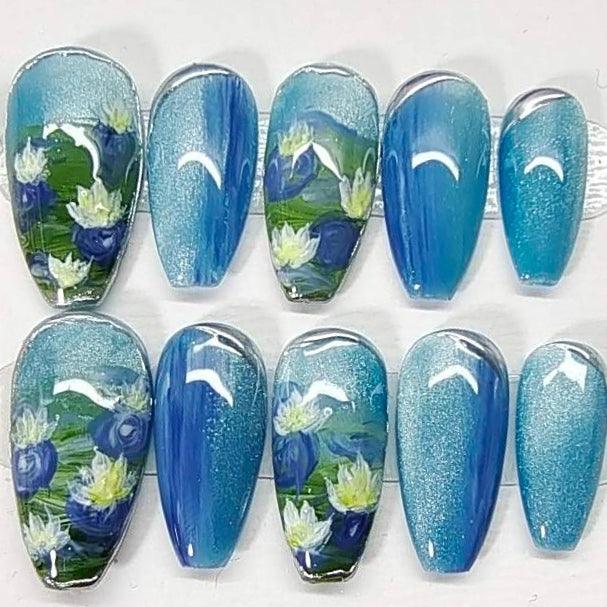 Blue Glitter Water Lily Press-On Nails – hanakoko