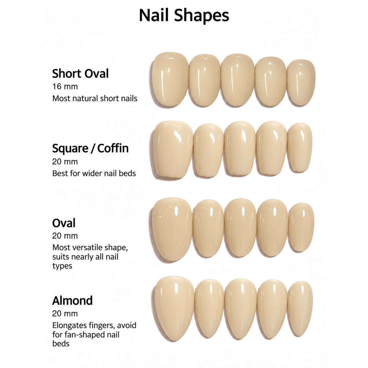 Oat Milk nail shapes: Short Oval 16 mm; Square/Coffin, Oval and Almond 20 mm.